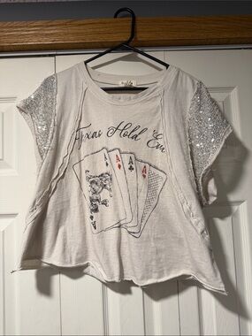 Sequin Sleeve 'Texas Hold 'Em' Graphic Tee - Cream